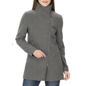 Bershka Womens Large Gray Asymmetrical Zip PeaCoat High Collar Wool Blend Jacket